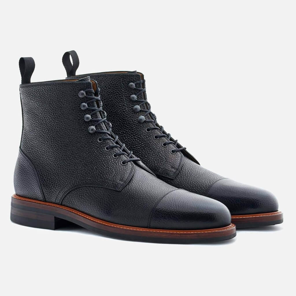 Beckett Simonon Black Pebbled Leather Dowler Cap Toe Boots Front Angle