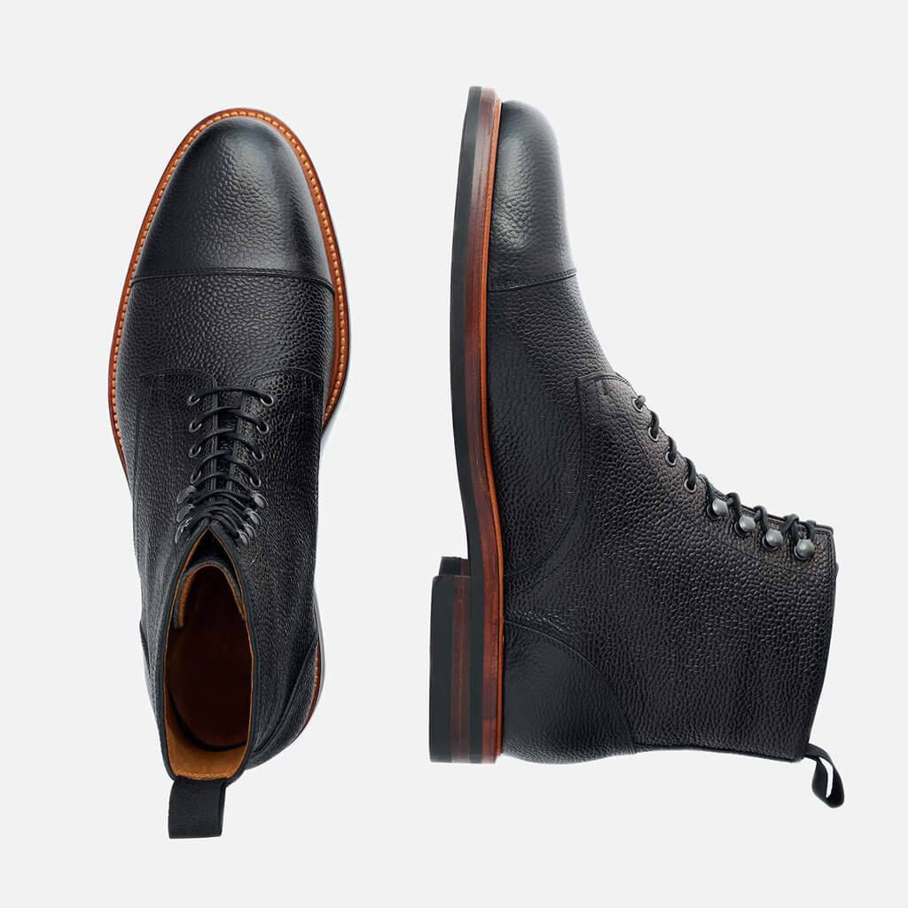 Beckett Simonon Black Pebbled Leather Dowler Cap Toe Boots Top Angle