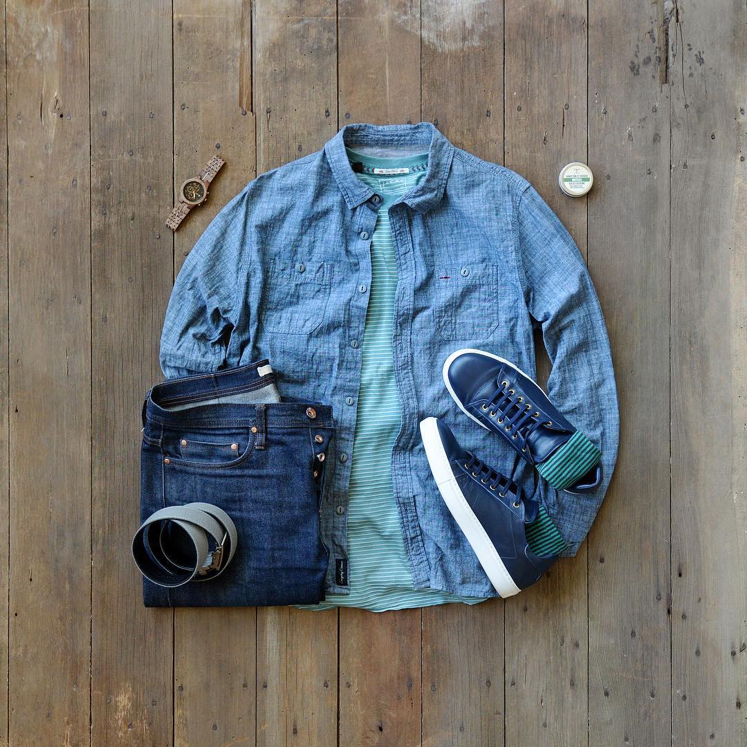 Men's Fall Fashion Chambray Shirt and Sneakers